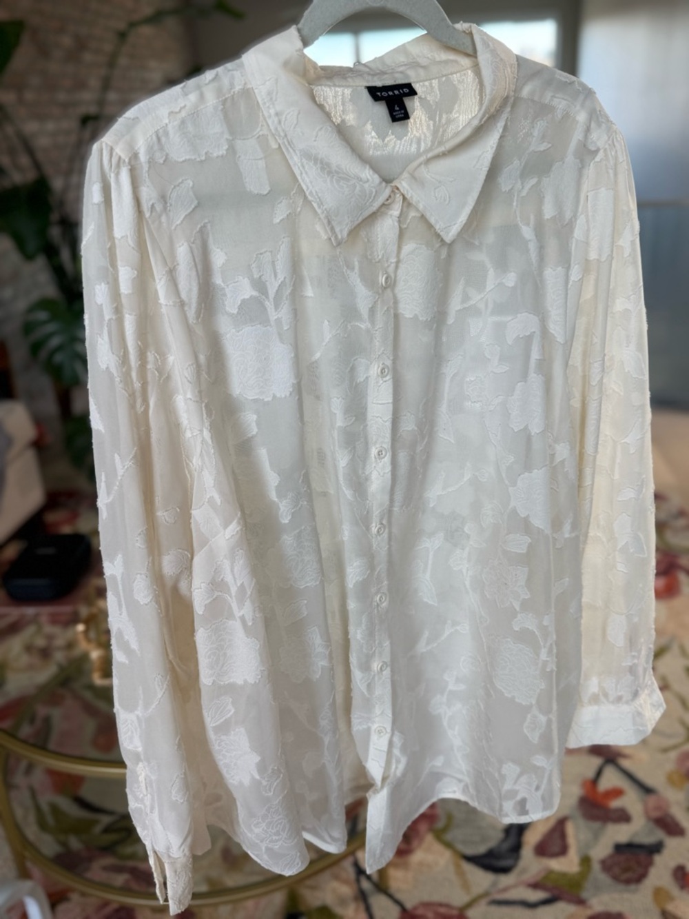 torrid Cream Floral Jacquard Long-Sleeve Button Shirt